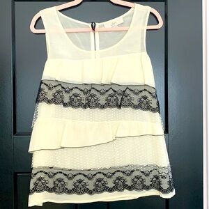 LOFT Lacy, Ruffled, Tiered Tank Top in Cream, Black and White. Size Medium.
